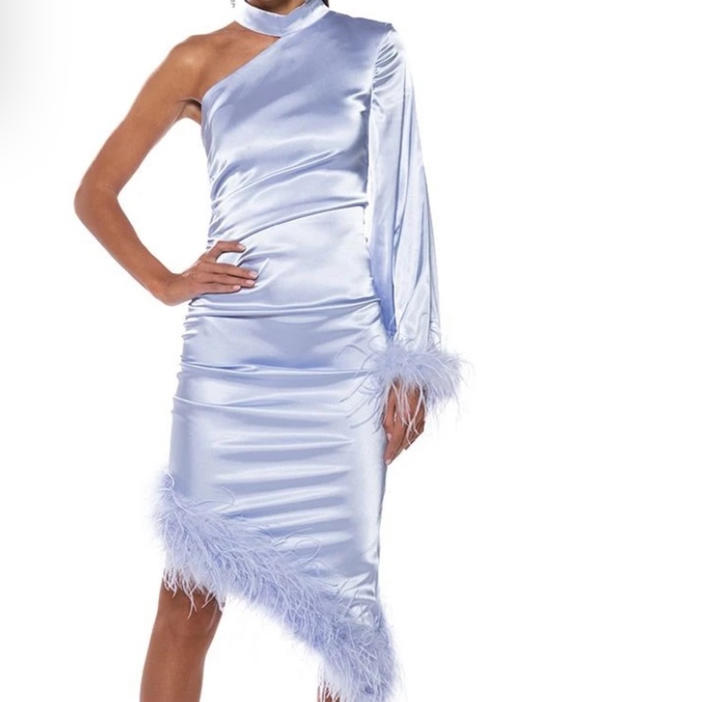 NWT AKIRA Small I love it Feather Trim Satin LAVENDER /Light Blue Dress